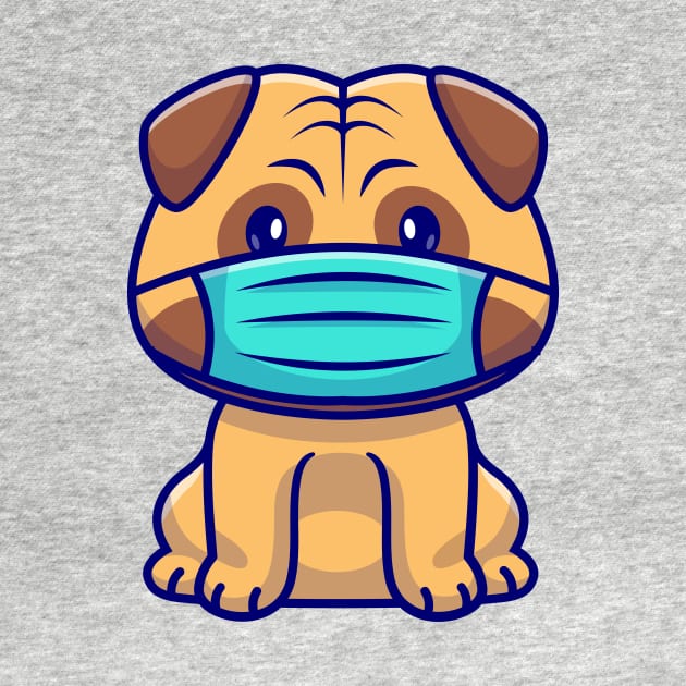 Cute Pug Dog Sitting And Wearing Mask Cartoon by Catalyst Labs